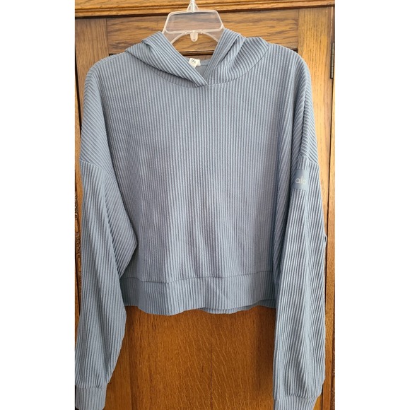 ALO Yoga Tops - Alo Yoga Muse Hoodie Dusty Blue Ribbed Knit Cropped Pullover Sweatshirt Large